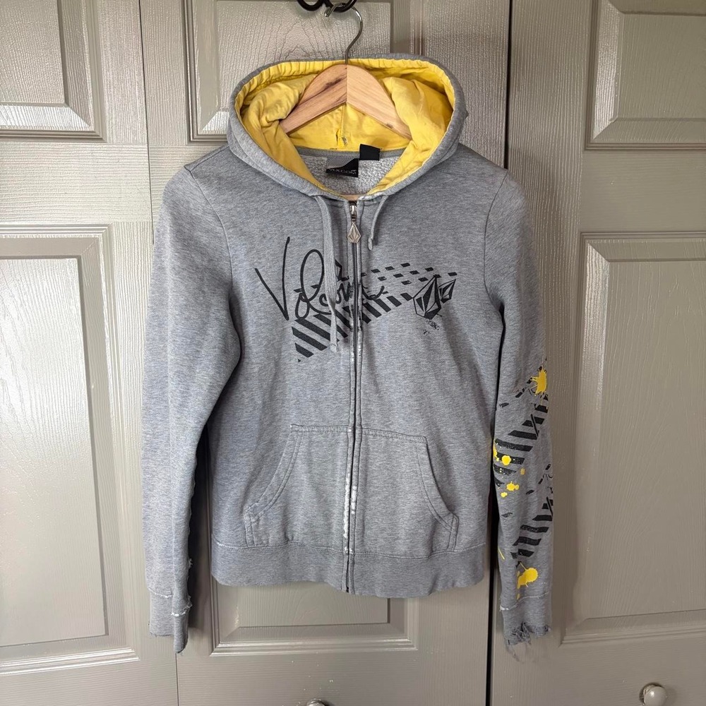 Volcom Stone Zip Up Hoodie Womens Small Grey Yellow Y2K Skater Grunge Graphic